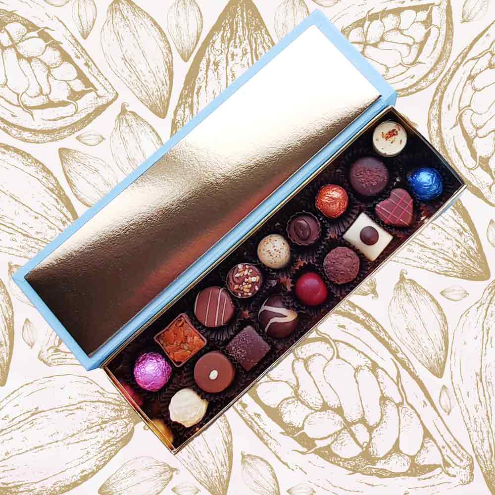 inside view of a Danieli chocolate gift box with 18 chocolates with a cacao ribbon on a cacao background