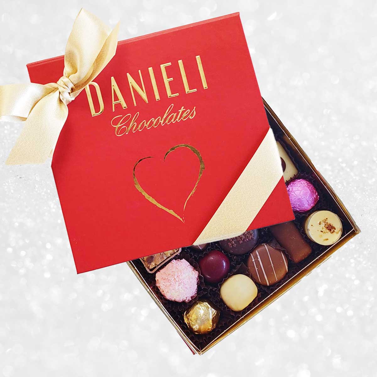 Danieli box of chocolates in red with a gold embossed heart