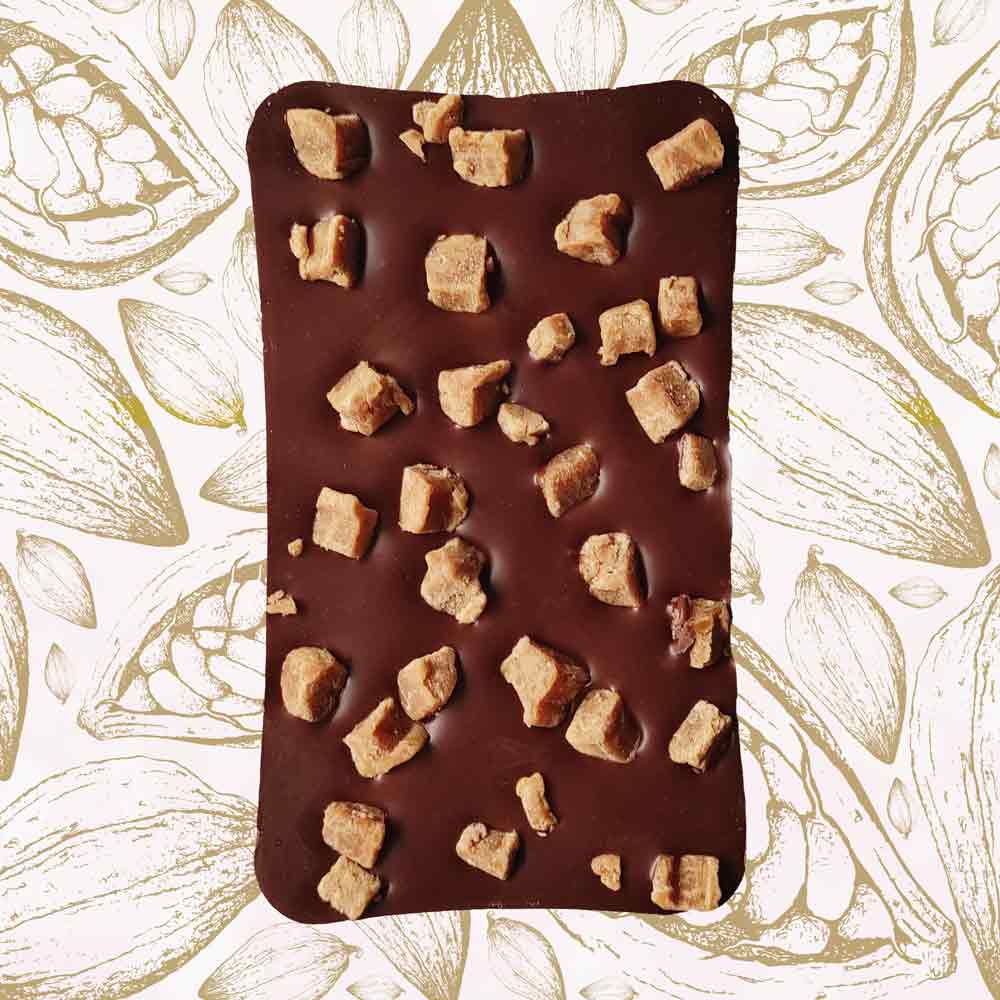 whole bar of danieli milk chocolate fudge bar on a cacao background