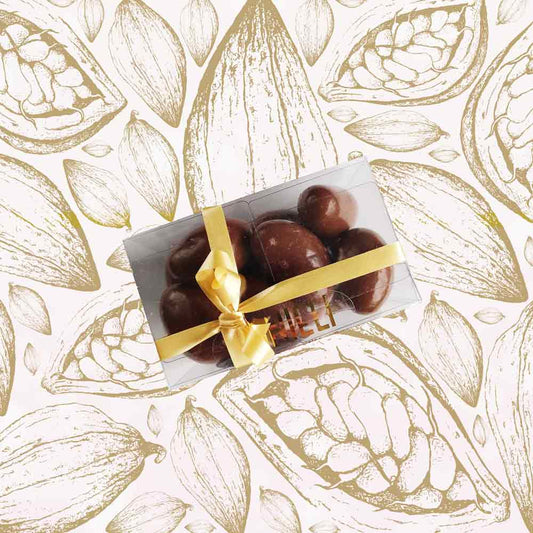 top view of a gift box of Danieli milk chocolate brazils on a cacao pod background