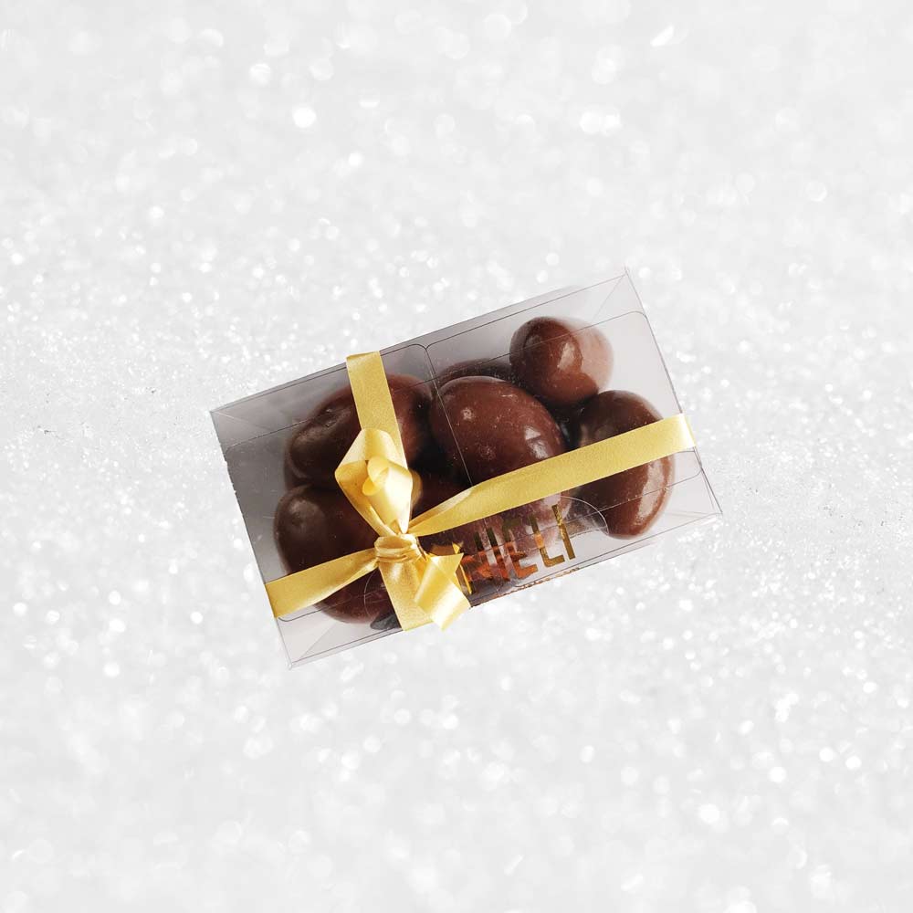 top view of a gift box of Danieli milk chocolate brazils on a snowy background