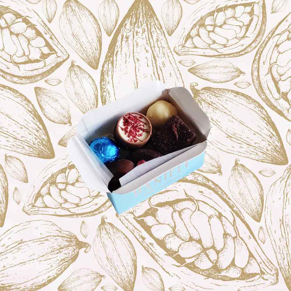 Inside view of Danieli chocolates for Valentines mini ballotin