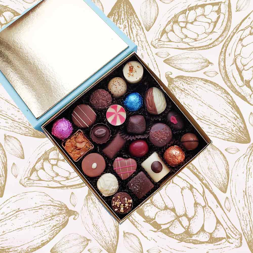 inside view of a Danieli chocolate gift box small on a cacao background