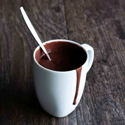 A white mug of Danieli thick italian hot chocolate at home