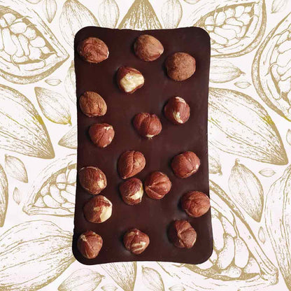 whole bar of Danieli dark chocolate hazelnut bar on a cacao background