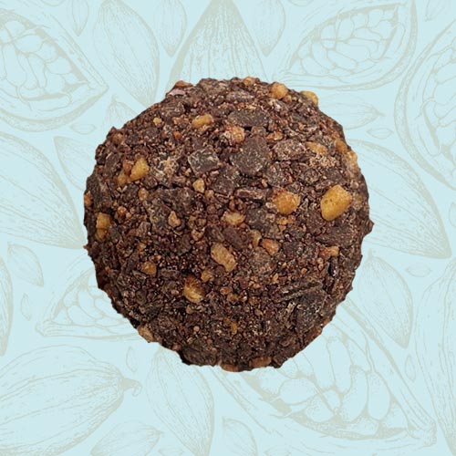 Danieli individual chocolates dark chocolate caramel truffle on a blue and brown cacao pod background