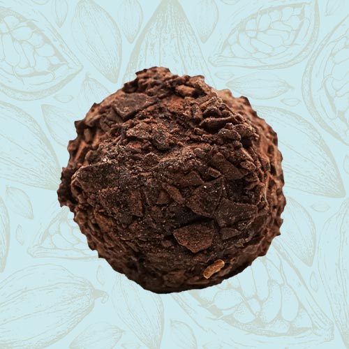 Danieli individual chocolates dark chocolate champagne truffle on a blue and brown cacao pod background