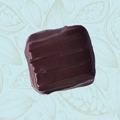 Danieli individual chocolates dark chocolate chewy caramel on a blue and brown cacao pod background