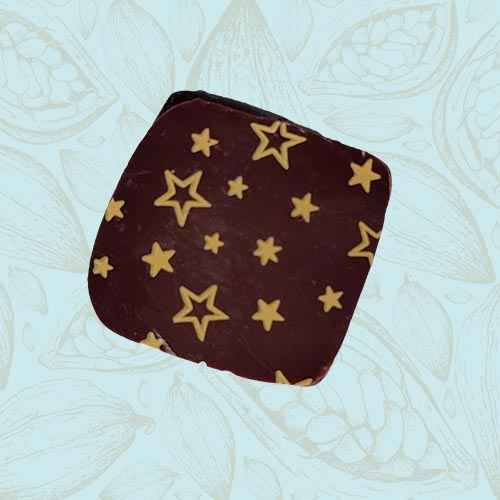 Danieli individual chocolates dark chocolate ganache on a blue and brown cacao pod background