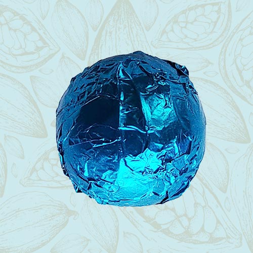 Danieli individual chocolates dark chocolate hazelnut liqueur truffle on a blue and brown cacao pod background