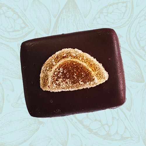 Danieli individual chocolates dark chocolate orange ganache on a blue and brown cacao pod background