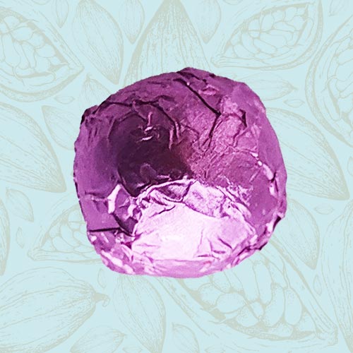 Danieli individual chocolates dark chocolate raspberry truffle on a blue and brown cacao pod background