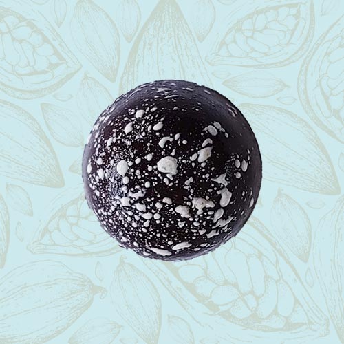 Danieli individual chocolates dark chocolate salted caramel on a blue and brown cacao pod background