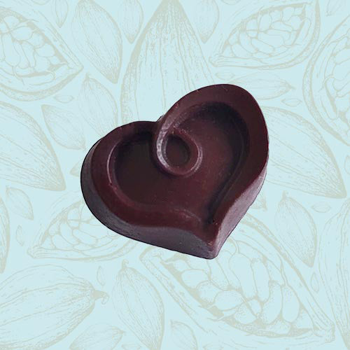 Danieli individual chocolates dark chocolate solid heart on a blue and brown cacao pod background