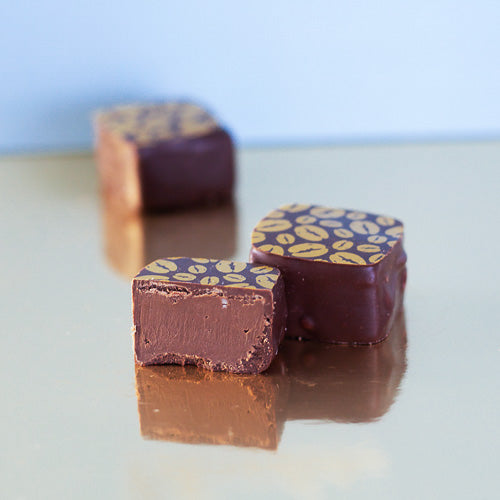 Dark chocolate coffee ganache on a gold background