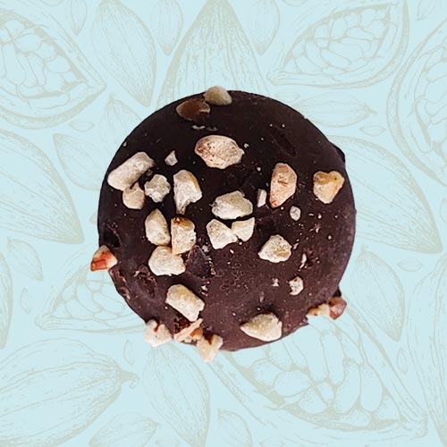 Danieli individual chocolates dark chocolate hazelnut truffle on a blue and brown cacao pod background