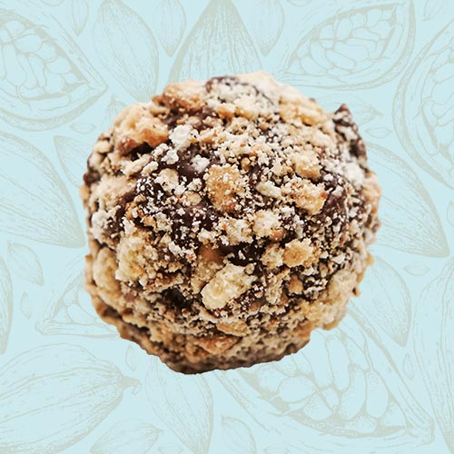 Danieli individual chocolates milk chocolate biscuit truffle on a blue and brown cacao pod background