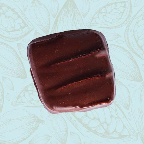 Danieli individual chocolates milk chocolate chewy caramel on a blue and brown cacao pod background