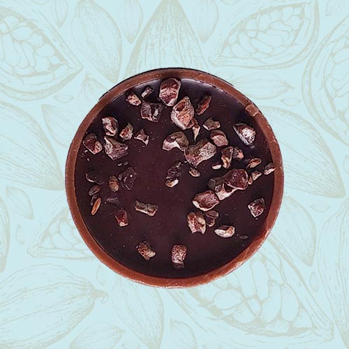 Danieli individual chocolates milk chocolate mousse on a blue and brown cacao pod background