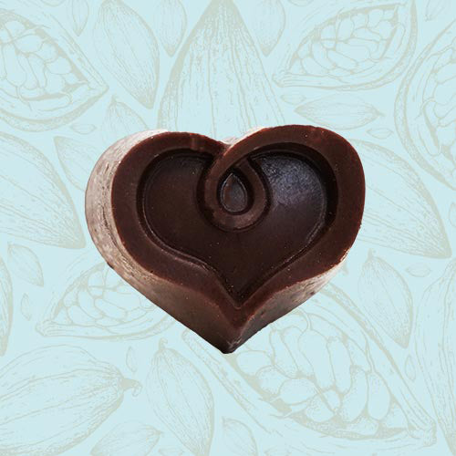 Danieli individual chocolates milk chocolate solid heart on a blue and brown cacao pod background