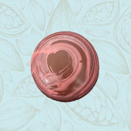Danieli individual chocolates milk chocolate strawberry signature on a blue and brown cacao background