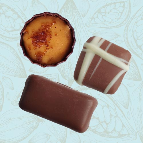 3 Danieli milk chocolates on a blue and brown cacao pod background