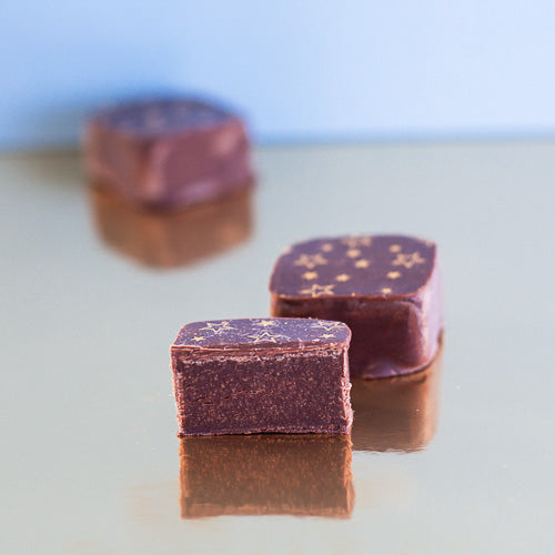 milk chocolate ganache on a gold background