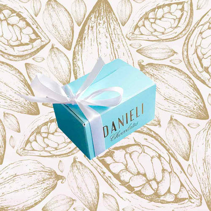top view of a Danieli chocolate gift box mini ballotin with a white satin ribbon on a cacao pod background