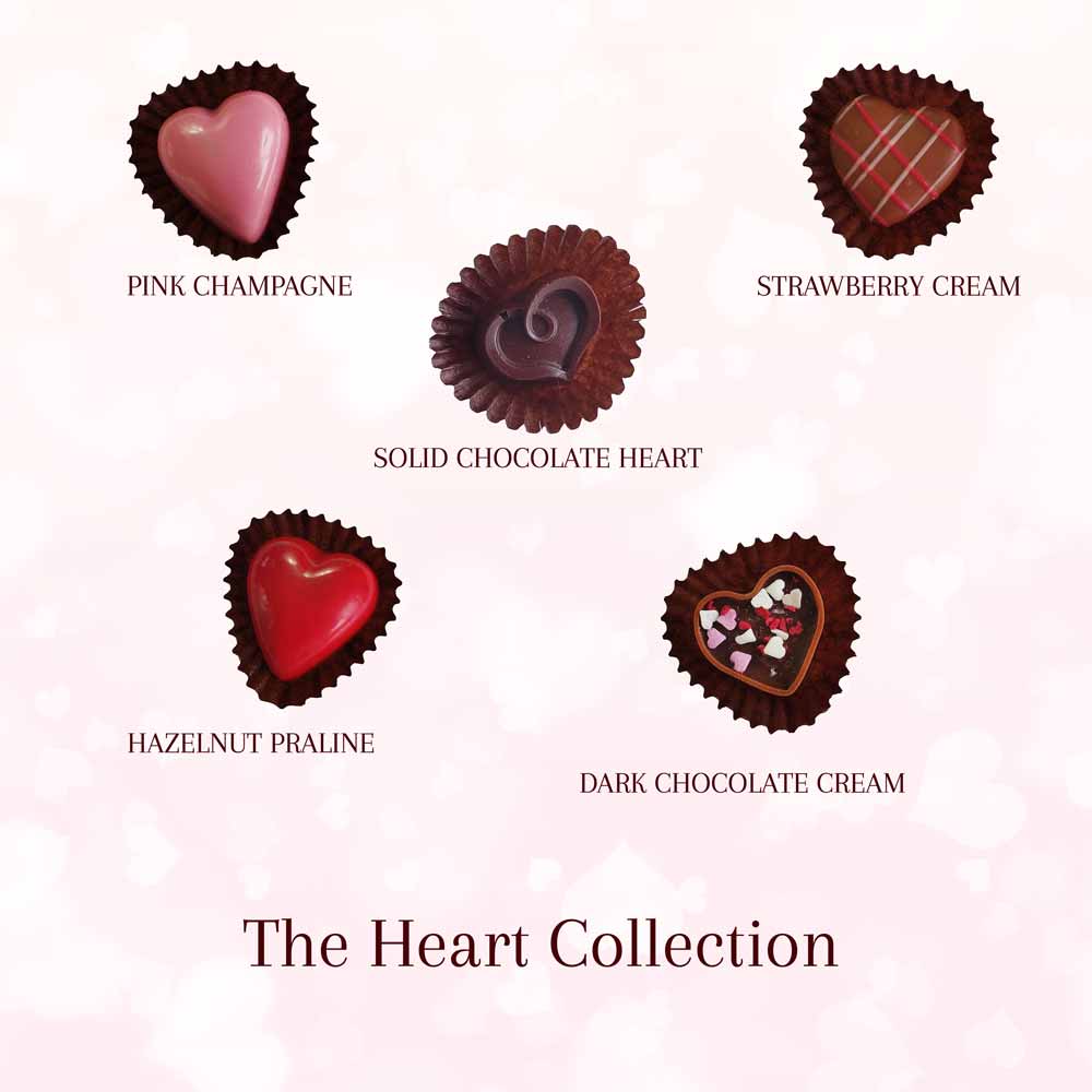 The Danieli heart collection of chocolates for Valentines on a pink heart background