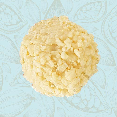 Danieli individual chocolates white chocolate lemon truffle on a blue and brown cacao pod background