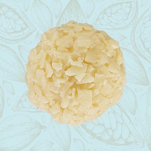 Danieli individual chocolates white chocolate vanilla truffle on a blue and brown cacao pod background